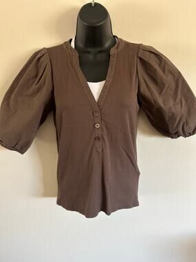 Madewell Brown Ribbed Henley Puff Sleeve Top Small